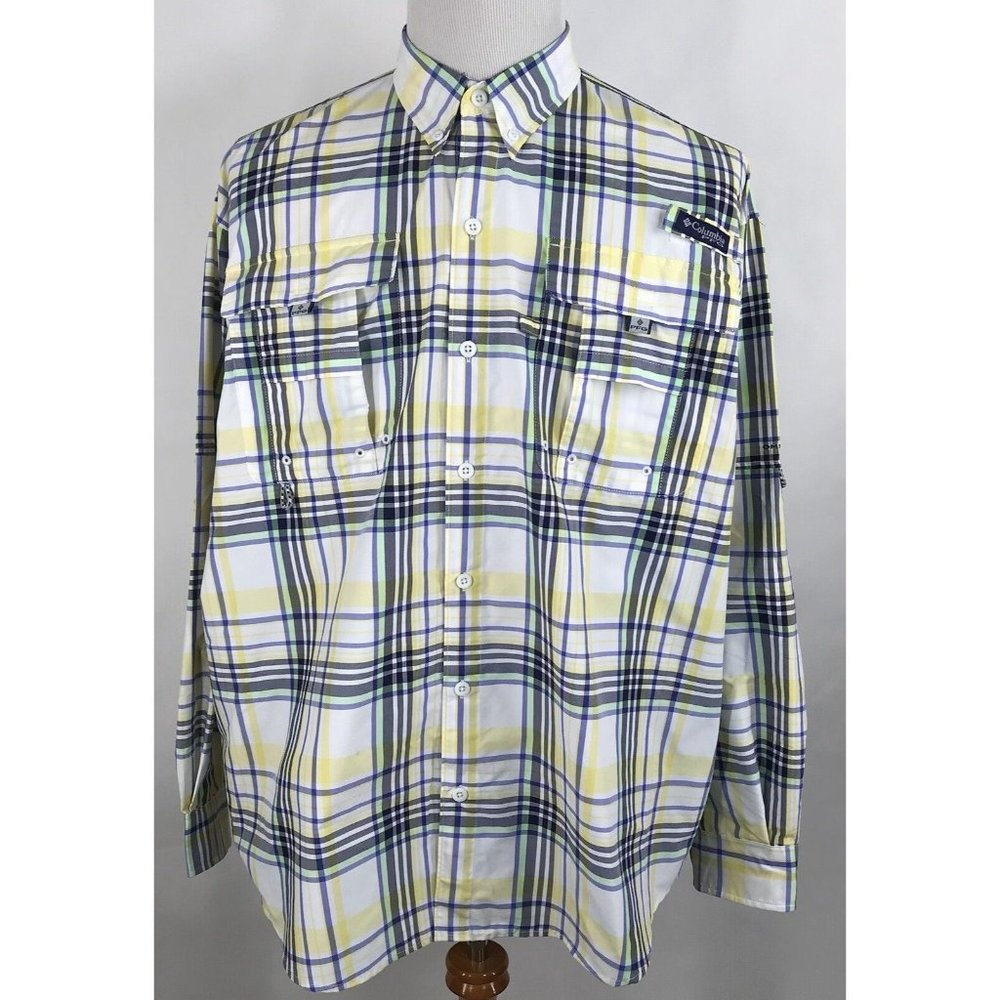 Columbia‎ Mens Button Shirt Vented Blue Yellow Plaid PFG Fishing Super Bahama
